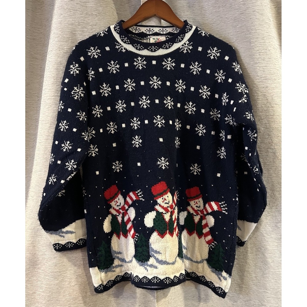 Vintage 90s Classic Elements Dark Blue Christmas Sweater Women's Size M Snowman